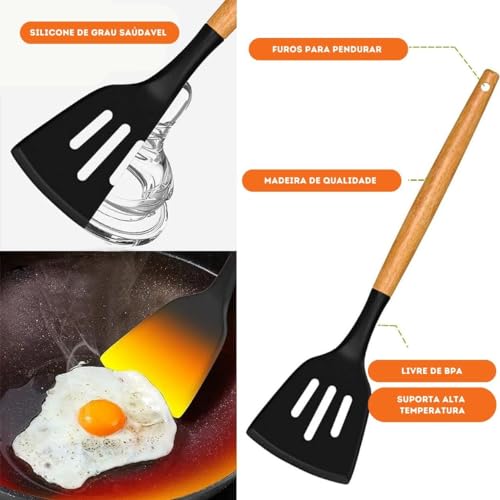 Kit de Utensílios de Cozinha em Silicone com Cabo de Madeira 19 Peças - Qualidade Premium para uma C