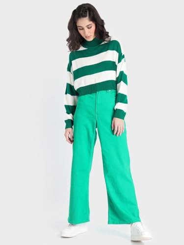 Image of Bewakoof Women's Striped Oversized Fit Full Sleeve Round Neck Acrylic Sweater