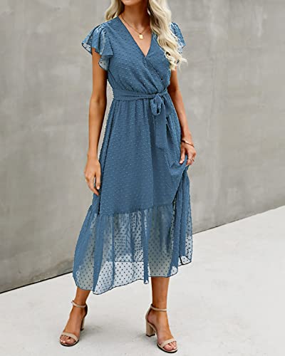 Btfbm Women Summer Bohemian Floral Casual Wrap V Neck Ruffle Cap Sleeveless Belt A-Line Pleated Hem Swing Midi Sun Dress (Swiss Dot Grey Blue, S) #TOP3