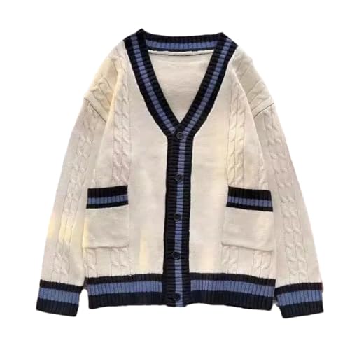 Men Color Contrast Knit Cardigan Loose Fit Preppy Style Japanese Casual Sweater Outerwear