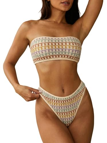 Image of ZAFUL Women Strapless Textured Bandeau Bikini 2 Piece Swimwear Cheeky Solid Lace up Bathing Suits