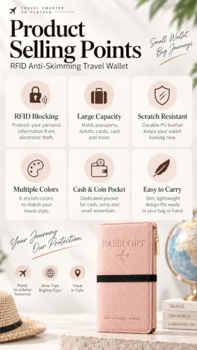 NQQNQQ RFID-Blocking Leather Travel Wallet & Passport Holder with Zipper Pocket, Card Slots, and Phone Compartment – Waterproof Travel Organizer for Women & Men. TG-1 (Pink) - image 6
