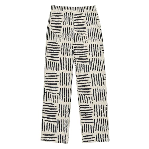 Boho Bohemian Geometric Line Long Pajama Pants Elastic Waist PJ Bottoms with Pockets S A1107362