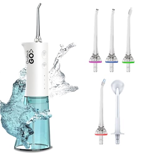 Ultracare Plus - Irrigador Dental profesional de la familia Aquapik. 5 Modos. 8 boquillas. Tanque de agua 300 ml. Recargable por USB. Bolsa de Viaje incluida. Irrigador Bucal (GO Blanco)