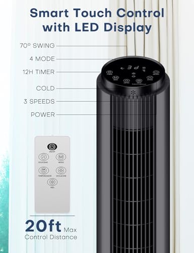 Image of hifresh Air Cooler for Home, 107CM Tower Cooler w /Remote & LED Touch Screen, 4 Mode & 3 Speed, 12H Timer, 26 Feet Air Delivery, 4L Water Tank, 4 Ice Packs, 70 Swing Control, 80W - Black