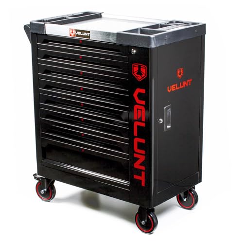 VELUNT Tool Trolley Cabinet with Tools Heavy Duty Steel Workshop Storage Chest Rolling Tool Box with Drawers Mechanic Garage Tool Carrier (VLTC8/6) (Black)