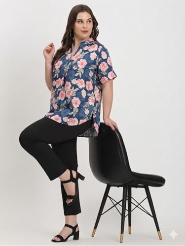 Image of SINDOORI Relaxed Fit Tops for Women Plus Size Solid Printed Mandarin Collar, Band Collar, V-Neck Top, Half Sleeve Loose Fit