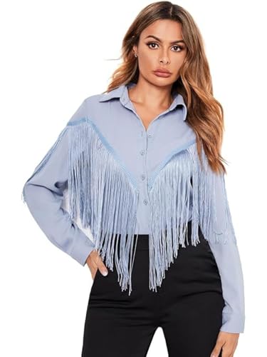 Verdusa Women's Fringe Trim Long Sleeve Button Up Blouse