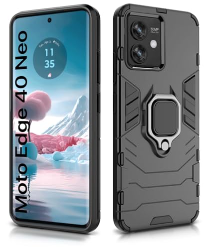 Image of WOW IMAGINE Shock Proof Back Case Mobile Cover for Motorola Moto Edge 40 Neo 5G | Back Cover Case (Tough Armor | Hybrid PC + TPU | Ring Holder & in-Built Kickstand | Black)