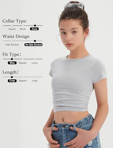 EXARUS 3 Pack Girls Cropped Slim Fit T Shirts Short Sleeve Soft Basic Crew/Mock/Square Neck Tees Side Waist Ruched Tops2