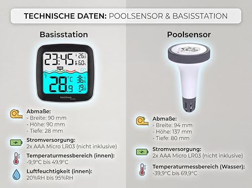 Foto von Technoline WS9059 Funk Poolthermometer, Poolsensor, Poolthermometer, mit digitaler Basisstation zum Datenablesen, Innentemperatur, Wassertemperatur, Luftfeuchte, für Pool, Teich, Außenanlage