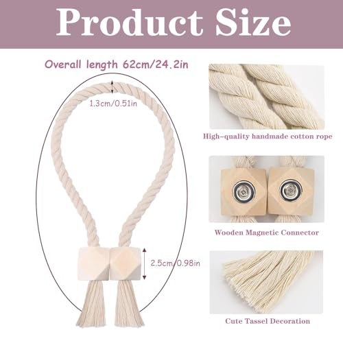 2 Stück Magnetische Vorhang Raffhalter, Gardinenhalter Raffhalter aus Holz Boho, Handgewebt Gardinen Raffhalter, Vorhanghalter, Raffhalter Magnetisch, Baumwollseil für Home Büro Gardinen Deko (Beige)