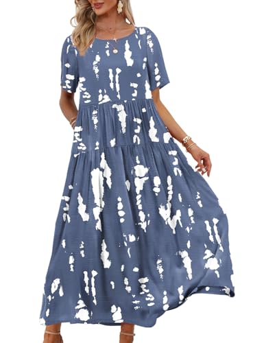 Image of YESNO Women Casual Loose Bohemian Floral Dress with Pockets Short Sleeve Long Maxi Summer Beach Swing Dress EJF