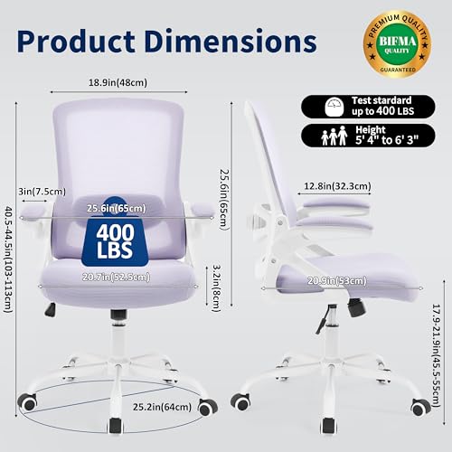 Image of Ergonomic Office Chair, Desk Chair with Adjustable Lumbar Support, Breathable Mesh Comfy Computer Chairs with Flip-up Armrests Executive Task Chair for Adults Home Office(Lavender)