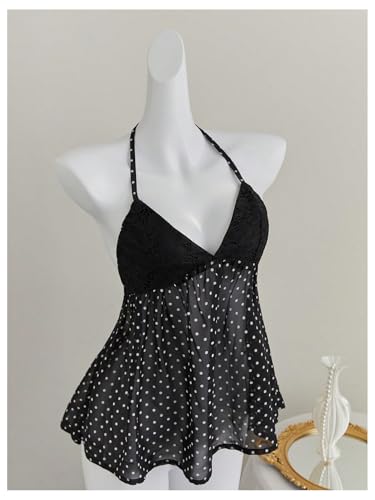 SHENHE Women's Polka Dots Y2k Lace Halter Neck Backless Top Flowy Going Out Babydoll Tank3