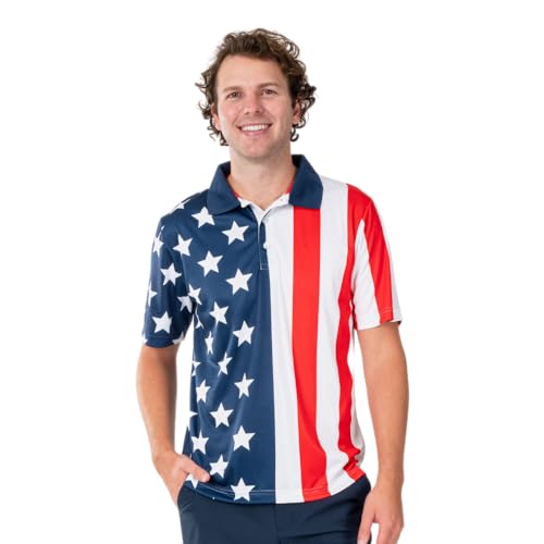 Men's Performance American Flag Polo Shirt | Pull-On Closure American Flag Golf Shirt | USA 4th of July Golf Shirts for Men