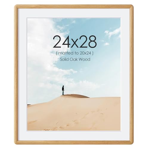 Acovy 24x28 Solid Oak Wood Picture Frame for Wall 24x28 Wood Photo Frame Matted to 20x24 Photos 24 x 28 Poster Frame with Tempered Glass Curved Wooden Picture Frames for Wall Art Photo and Prints