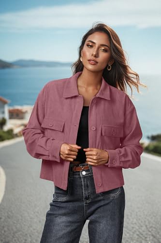 IWOLLENCE Cordjacke Damen Hemdjacke Cordhemd Kurzjacke Langarm Revers Button-Down Shacket Mantel (Graurosa, M)