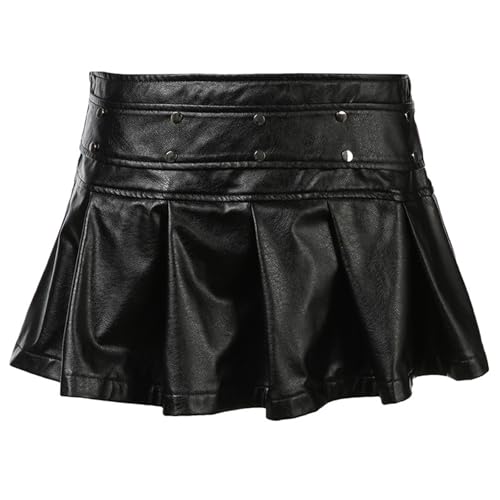 Womens Vintage PU Faux Leather Low Waist A-Line Short Skirt Punk Rivets Studs Pleated Flared Miniskirt Streetwear