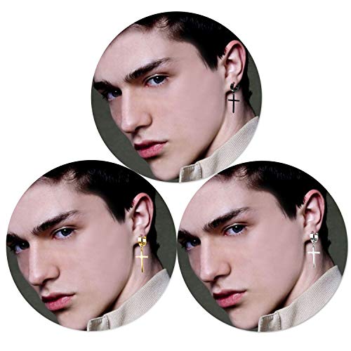 Txpff 3 Pairs Of Cross Earrings Dangle Hinged Men Earrings Stainless Steel Cross Hoop Earrings For Men And Women,Silver,Gold,Black（Classic） #TOP6