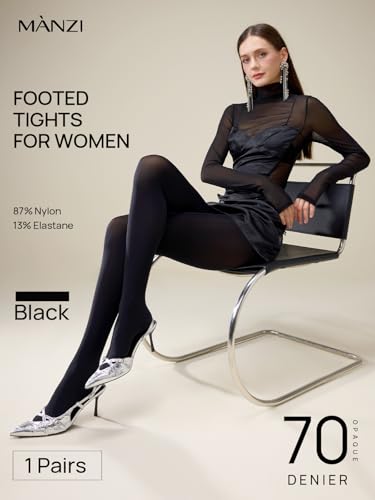 Image of MANZI Tights for Women Solid Color Pantyhose Colored Semi Opaque Footed Tights Soft Stretch High Waist Stockings 70 Denier