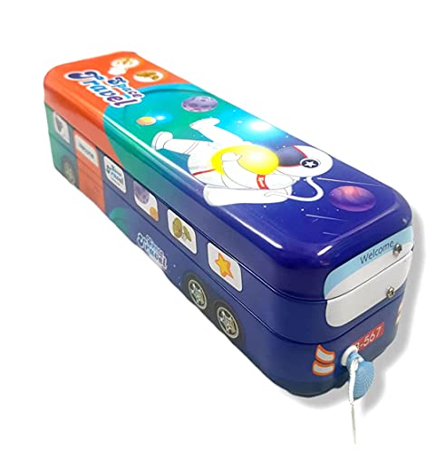 Image of School Bus Pencil Box Kids- Compass Box with Wheel /Stylish School Bus Geometry Box for Kids | Cartoon Printed Bus Shaped Pull Back Pencil Box in Metal | String Operated Wheels (Space Travel)