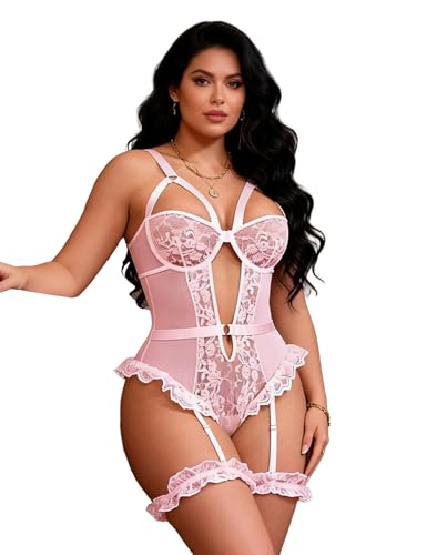 ohyeahlady Grande Taille Lingerie Femme Dentelle Sexy Ensemble Body Porte Jarretelles Complet Bodysuit Teddy Guepiere Porte Jartelle Ensemble Curvy Tenue Hot Ronde sous-vêtement Féminins(Rose,3XL-4XL