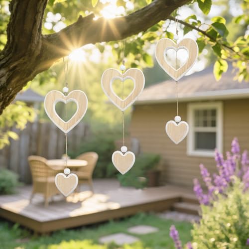 Auptiz 3 Stück Herz Deko Holz Anhänger, Doppelter Herzholz Hängedeko Fensterdeko, Herz Deko Hängen Geschenk für Wohnzimmer, Fenster, Schlafzimmer, Hochzeit