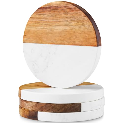 Marble Coasters: 4-Piece Set of Acacia Wood Marble Coasters, Suitable for Kitchens and Offices, can be Used as Gifts (White Round)