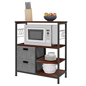 eSituro Keukenrek met 2 schuifladen, bakkersrek met 6 haken, magnetronrek, boekenkast, van hout, metaal, 74 x 150 x 29…