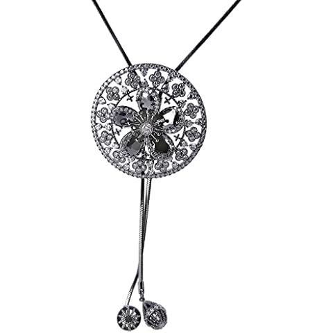 Masha 'S Women's Silver Stainless Steel Tie Necklace with Circle Pendant, Fantasy Flower Sliding Cubic Zirconia Long Chain Necklace for Women Black Cover