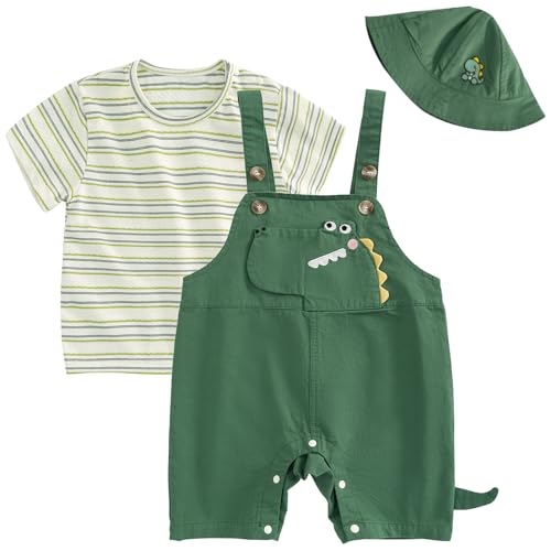 Image of Volunboy Baby Boy Summer Overalls Shorts Set Short Sleeve Dinosaur T-shirt Hat 3 Piece Romper Suspender Bodysuits Clothes