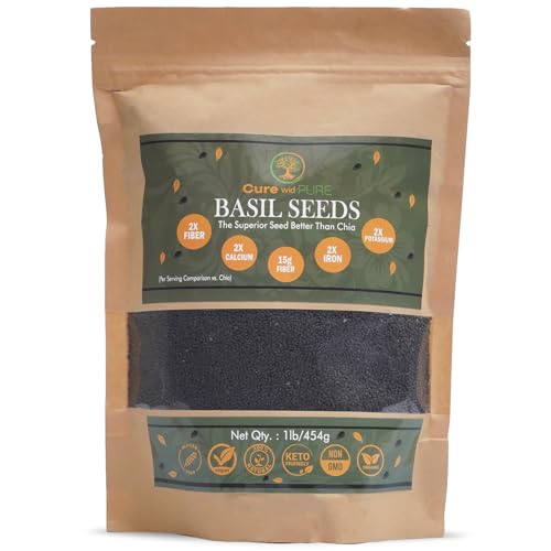 Cure Wid Pure | Organic Basil Seeds for Eating 1lb | Non-GMO Gluten Free Keto Friendly Edible Basil Seeds 2x More Fiber Than Chia | Sabja Seeds Semilla de Albahaca Supports Digestion & Natural Cooling