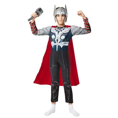 EJWCIG Disfraz de superhéroe para niños, traje musculoso con casco, capa roja, traje de martillo, conjunto de 4 piezas para fiesta de Halloween, accesorios de cosplay (L(51-55 pulgadas)