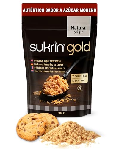 SUKRIN Gold 500 g edulcorante moreno sin azucar; eritritol + stevia, edulcorante natural sustituto azucar moreno cero calorías, vegano keto, sin gluten, granulado, para hornear, café, té, postres