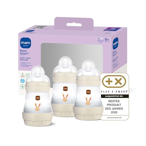 MAM Easy Start Anti-Colic Babyflasche | 0+ Mon | Testsieger | Milchflasche für Neugeborene | 80% weniger Koliken | stillfreundliche Trinkflasche für Babys | Sauger Gr. 1 | 160ml | Hase | 2 Stk