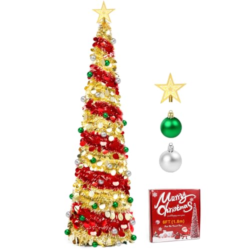 YHANEC Árbol de Navidad Artificial Plegable de 180 cm con Bolas de Estrella y Soporte, para decoración de Navidad, Verde + Plata, decoración de Oficina (Rojo+Dorado)