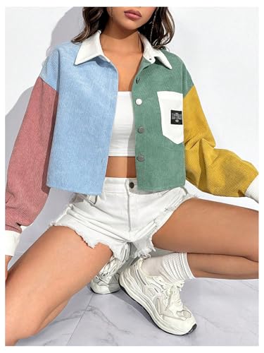 Women's Button Down Corduroy Crop Jacket Color Block Long Sleeve Cropped Coat Outwear4