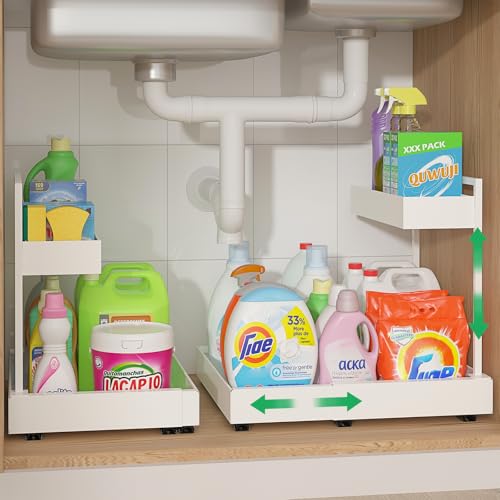 Image of REALINN Expandable Under Sink Organizer with 6-Level Height Adjustment | Expandable Width, Pull-Out Cabinet Storage Rack with Quiet Sliding Rails for Kitchen, Bathroom, Laundry Room Cabinets, White