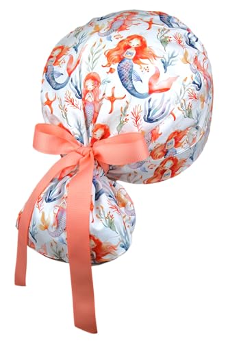 Image of Scrub Cap for Women and Men, Ponytail Scrub Caps, Working Hat, Head Cover with Ribbon Ties and Buttons, Long Hair