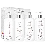 shampoo selber machen kokosmilch Höhe 21 cm, Breite 6,5 cm Print Maniacs Mrs Hinch inspirierte weiße 500 ml quadratische wiederverwendbare Spenderflasche Silberpumpe personalisierte BadezimmerAufbewahrung ToilettenartikelSet F2 (Roségold, Shamp, Con,