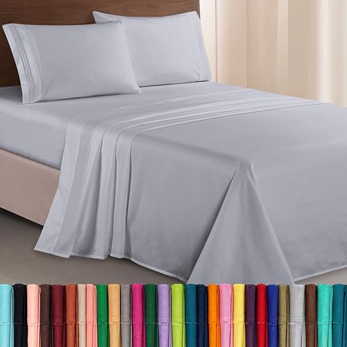 Image of Elegant Comfort Luxurious 1500 Premium Hotel Quality Microfiber Three Line Embroidered Softest 4-Piece Bed Sheet Set, Wrinkle and Fade Resistant, Queen, Silver-Light Grey