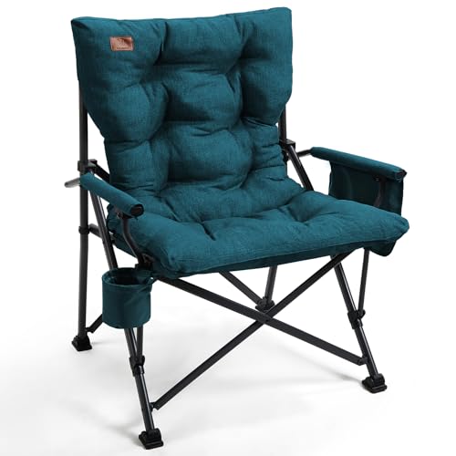 Image of EVER ADVANCED Padded Oversized Folding Camping Chair for Adults, Heavy Duty Lawn Chair with Side Pockets, Portable Collapsible Quad Chair for Outside, Support Up to 500lbs, Green