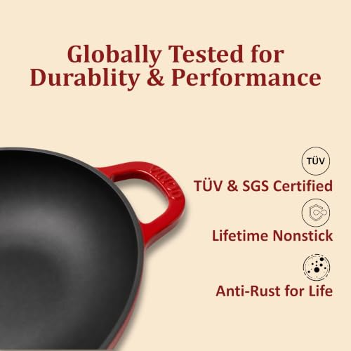 Image of Vinod Freya Cast Iron Deep Kadai with Glass Lid, 22 cm 1.9 L | TREON Technology Enamel Kadhai for Frying, Sabzi, & Cooking | No Seasoning Required | Induction & Gas Stove Compatible | 100% Non-Toxic