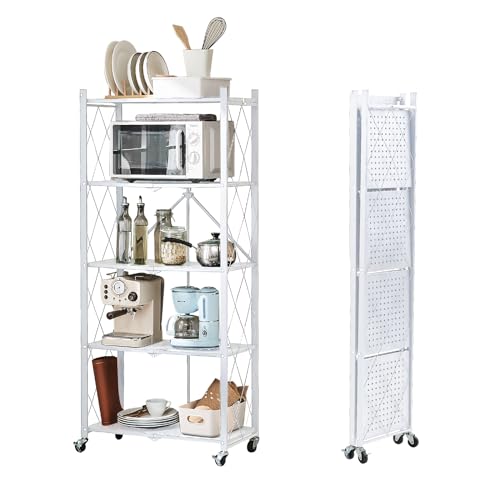 Image of BRIAN & DANY 5-Tier Foldable Storage Shelves with Wheels, Folding Metal Rack Shelving Unit, Heavy Duty No Assembly Organizer Shelf for Garage, Kitchen, Basement, Pantry, White