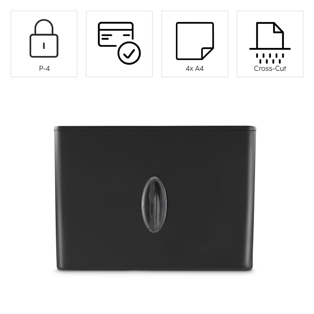 Hama |Trituradora Papel Nivel Seguridad E-3,P-4,T-4, Negro | Destructora Papel, 29,5x15,5x20,7cm, Niv Ruido: 64db, Velocidad: 1,8m/min, 4x33mm Corte, 4 Hojas A4, Tarjetas crédito, Grapas