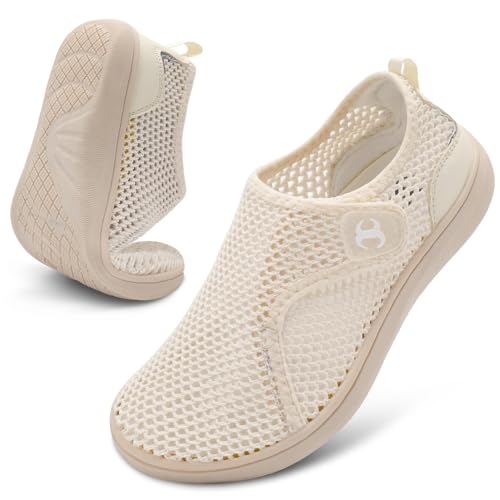 Scurtain Womens Wide Toe Barefoot Shoes Summer Spring Casual Walking Shoes Comfortable Non Slip Beige Mesh Flat Sandals Indoor Outdoor House Shower Water Slippers Shoe Size