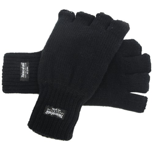 Men's Extra Warm Winter Fingerless Gloves 40g Thinsulate Lining Black L/XL Men's Extra Warm Winter Fingerless Gloves 40g Thinsulate Lining Black L/XL