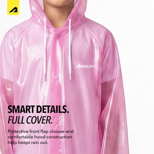 Image of Boldfit Raincoat for Kids Smart Back Long Raincoat with Hood Waterproof Rain Coat for Boys & Girls Lightweight School Poncho Jacket with Pockets & Buttons