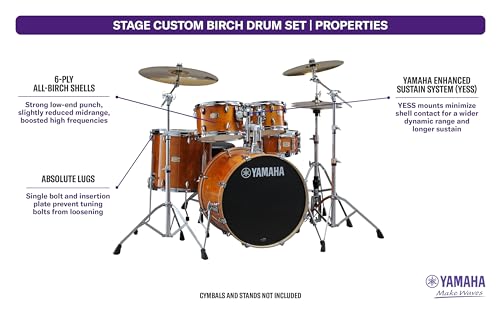 Image of Yamaha Stage Custom Birch 5pc Drum Shell Pack With a 20 Kick Drum and 14 inch Snare Drum in Honey Amber For Students and Working Drummers (SBP0F50HA) | 100% Birch Shells, Includes 20x17 Bass, 10x7 and 12x8 Rack Toms, 14x13 Floor Tom, 14x5.5 Snare, Hand-Lacquered Finish